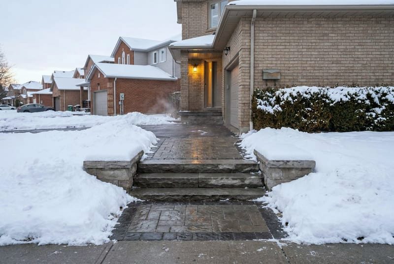 Stone front steps and a walkway clear and dry with snow piled on both sides